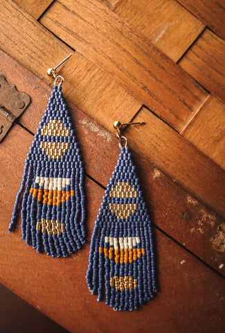 Beaded Handwoven Boho Half Moon Fringe Earrings (Blue)