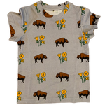 Kids Bison With Poppies Grey Cotton Tee