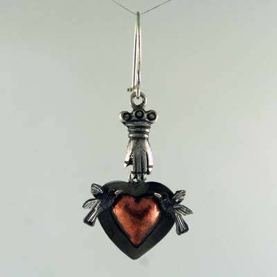 Sterling & Copper Hand Held Heart with Tiny Doves Earrings